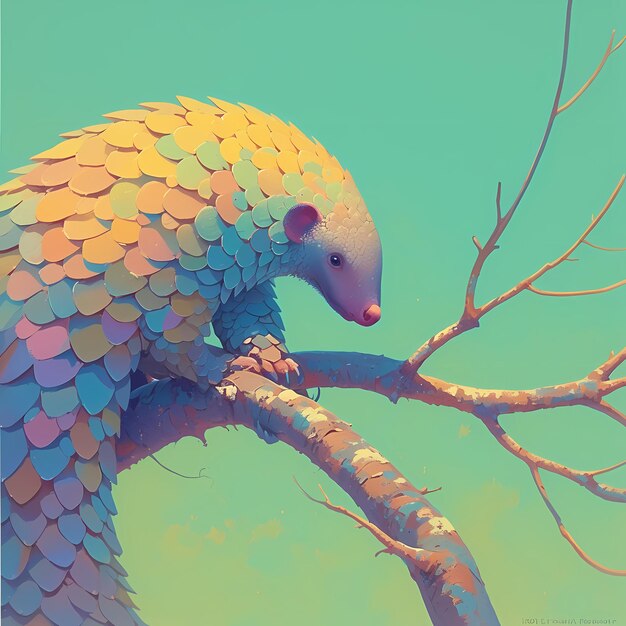 Le pangolin coloré sur une branche