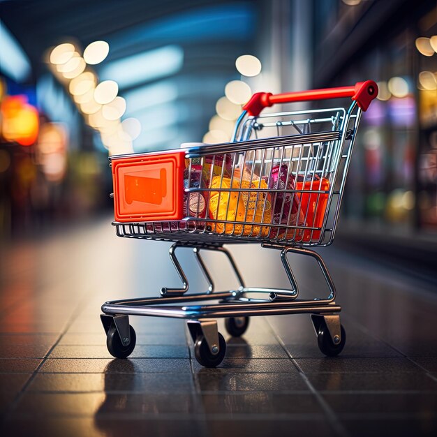 Photo un panier d'achat avec une boîte rouge sur le devant est montré