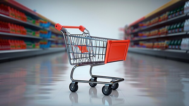 Photo un panier d'achat chrome dans l'allée vide d'un supermarché