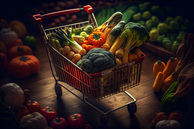 Panier d'achat dans un supermarché plein de légumes ai génératif