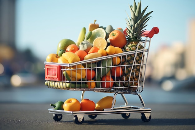 Panier d'achat du marché de la ville avec des fruits sains mûrs Generative Ai