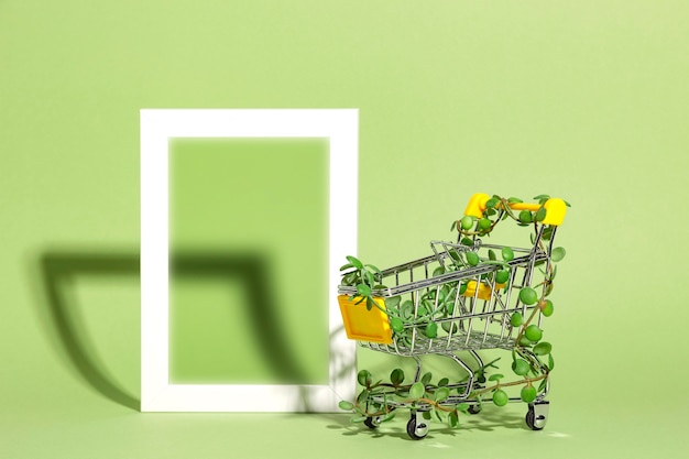 Panier d'achat entrelacé de plantes à côté d'un cadre de maquette vide sur fond vert consum...