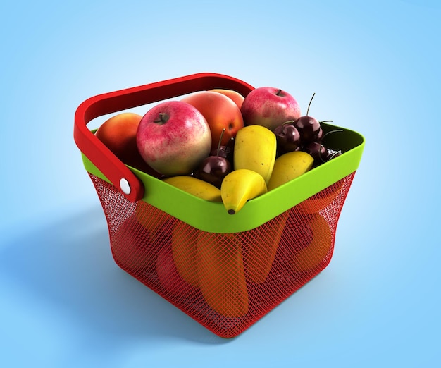 panier d'achat plein de fruits frais illustration 3D isolé sur gradient bleu