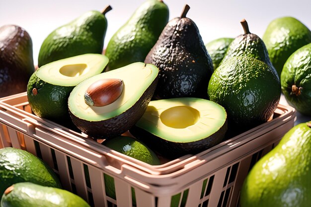 Photo panier d'achat réaliste avec beaucoup d'avocat dans le fond de papier blanc isolé