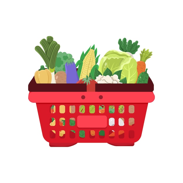 panier d'achat rouge avec différents légumes sur un fond blanc concept de marché ou de magasin