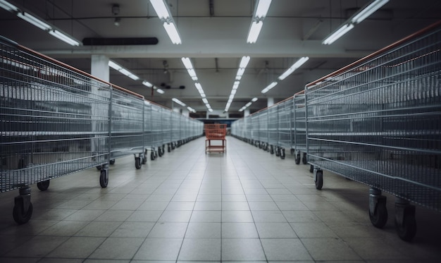 Un panier d'achat vide dans un couloir de supermarché créé à l'aide d'outils d'IA génératifs