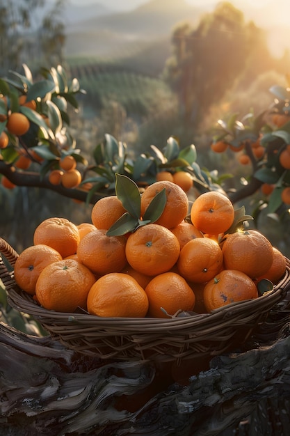 Un panier d'agrumes, y compris des oranges, est placé près d'un arbre.