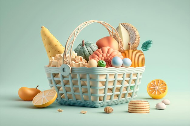 Panier avec des aliments sur fond pastel Concept de supermarché Génération d'IA
