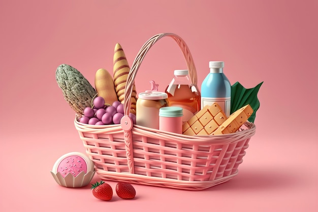 Panier avec des aliments sur fond rose Concept de supermarché Génération d'IA