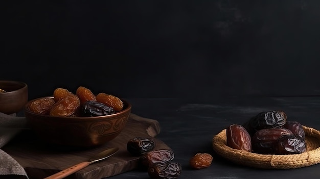 Un panier d'amandes et un bol de dattes sont posés sur une table