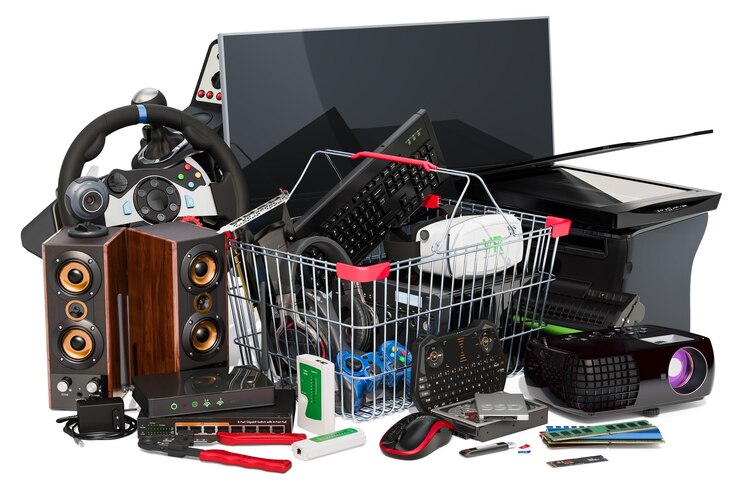 Panier avec appareil informatique et accessoires rendu 3D