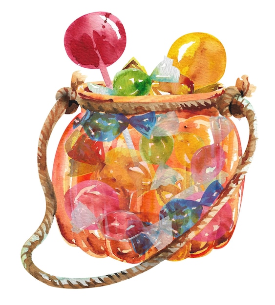 Panier aquarelle pour bonbons Panier en verre orange sur une ficelle pour collecter des bonbons pour Halloween