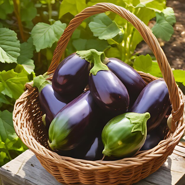 un panier d'aubergine pourpre avec une feuille verte