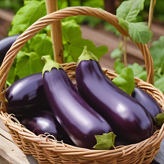 un panier d'aubergine pourpre avec des feuilles vertes et une feuille verte