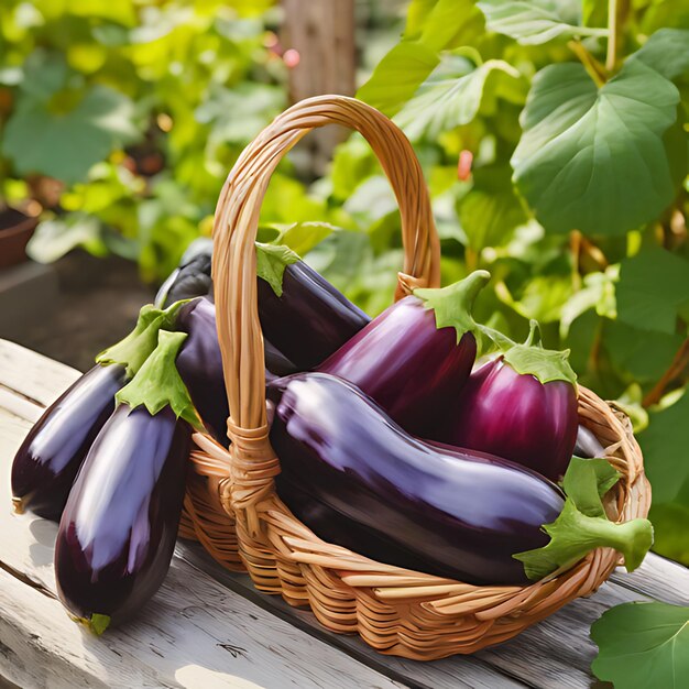 un panier d'aubergines est assis sur une table en bois