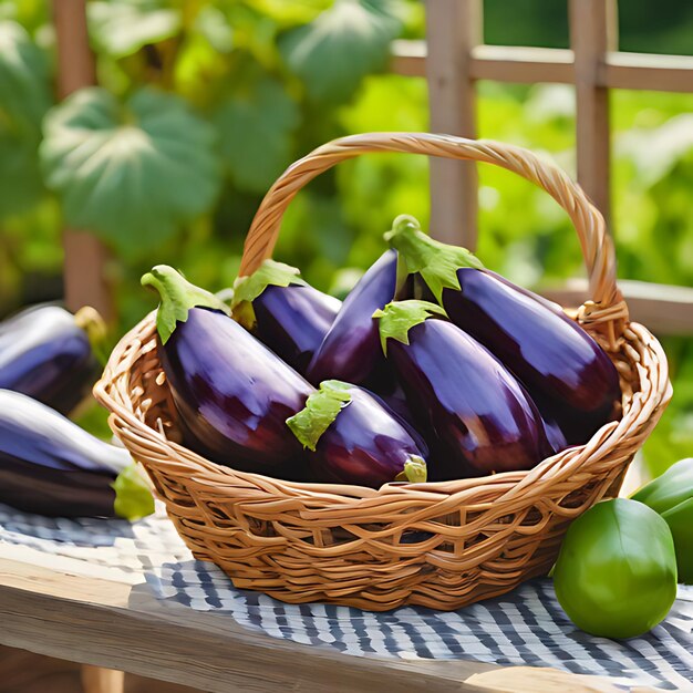 un panier d'aubergines est posé sur une table avec d'autres légumes