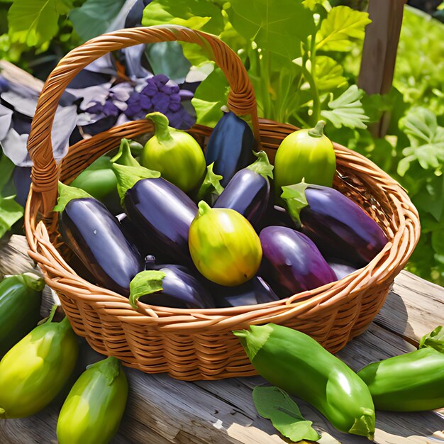 Photo un panier d'aubergines est sur une table en bois