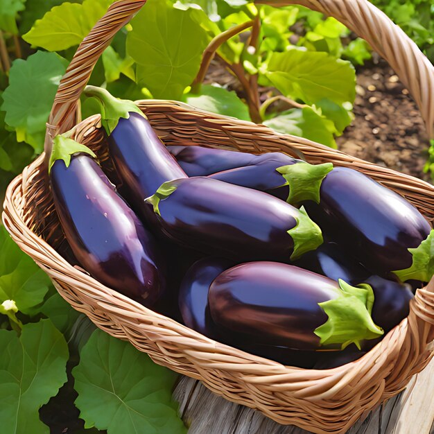 un panier d'aubergines violettes est exposé dans un champ