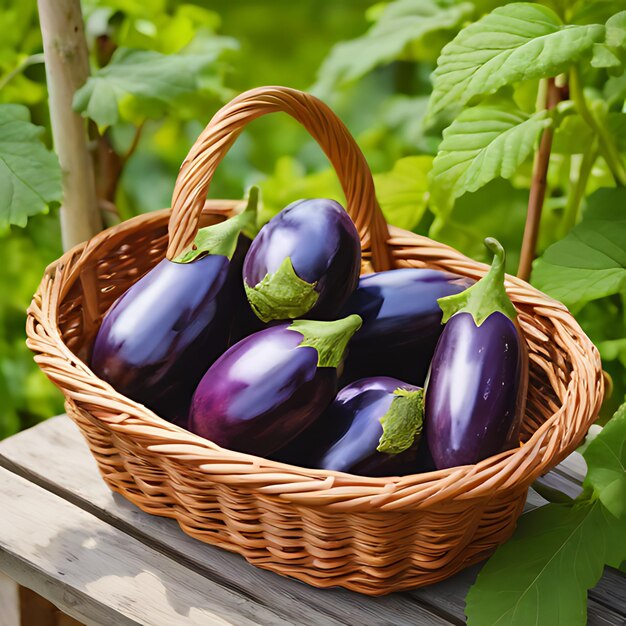 un panier d'aubergines violettes sur une table en bois