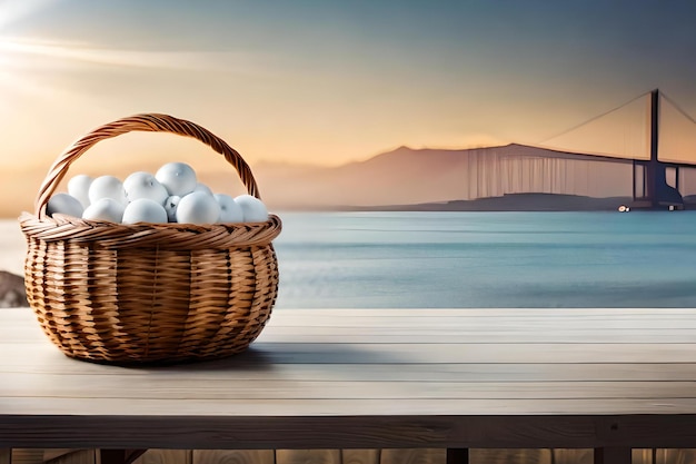 Panier de balles de golf sur une table avec un pont en arrière-plan