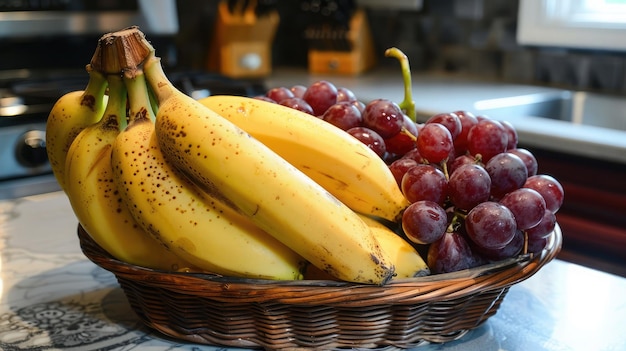 Photo un panier de bananes mûres et des grappes de raisins assis sur un comptoir de cuisine prêts à grignoter et à cuisiner de délicieuses recettes