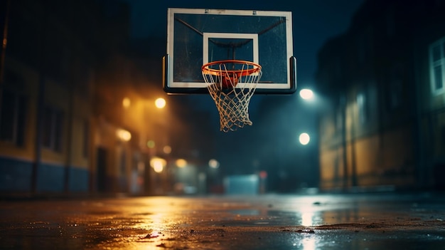 Panier de basket Arafed au milieu d'une rue humide ai générative