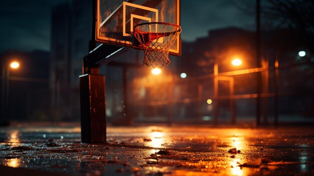 Photo panier de basket arafed sous la pluie avec un panier de basket en arrière-plan ia générative