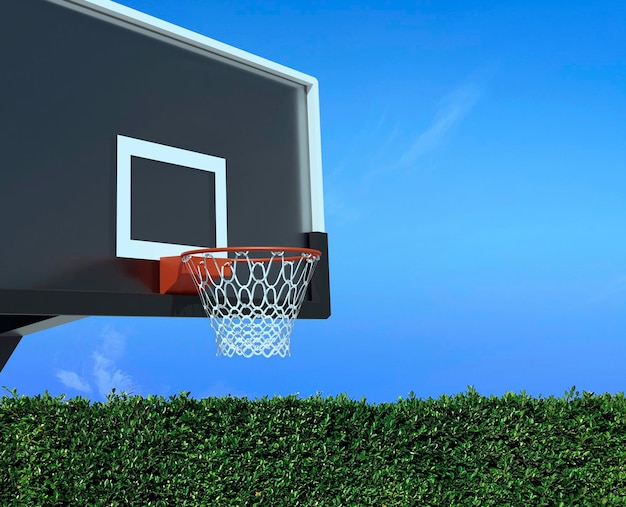 Panier de basket dans l'arrière-cour et ciel bleu vif