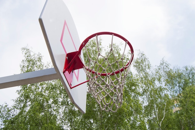 Panier de basket dans le parc sur un fond d&#39;arbres verts