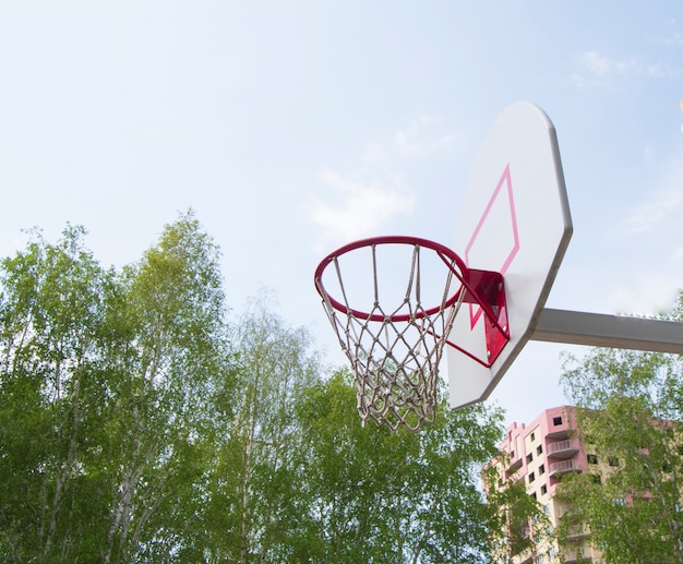 Panier de basket dans le parc sur un fond d&#39;arbres verts