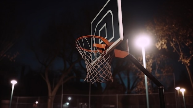 Panier de basket la nuit avec une lumière sur le côté