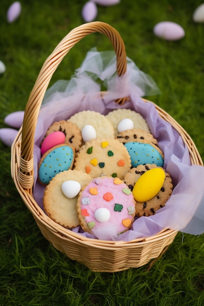 Photo un panier de biscuits de pâques avec des œufs et des bonbons au fond