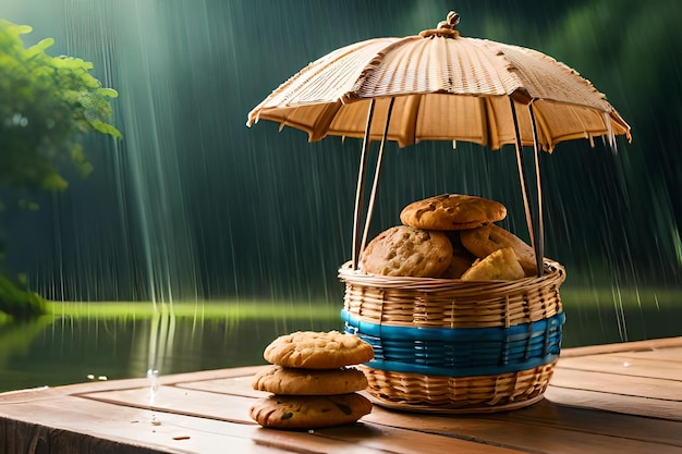 Photo un panier de biscuits et un parapluie surmonté d'un parapluie.