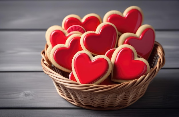 Panier avec des biscuits savoureux faits maison avec glaçage en forme de coeur sur fond de table en bois gris