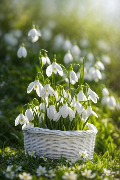 Un panier blanc rempli de gouttelettes de neige est assis dans un champ le soleil brille sur les fleurs