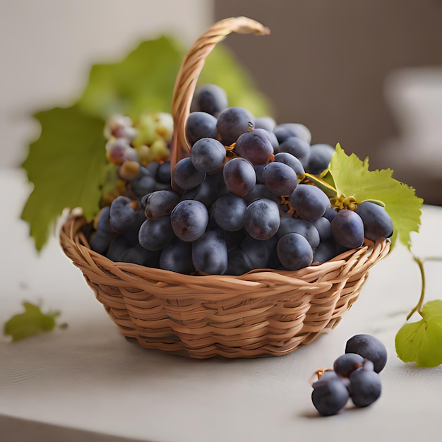 un panier de bleuets avec des feuilles et une feuille verte