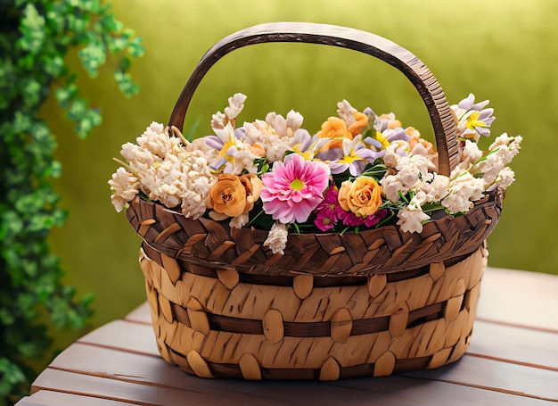 Un panier en bois avec de belles fleurs.