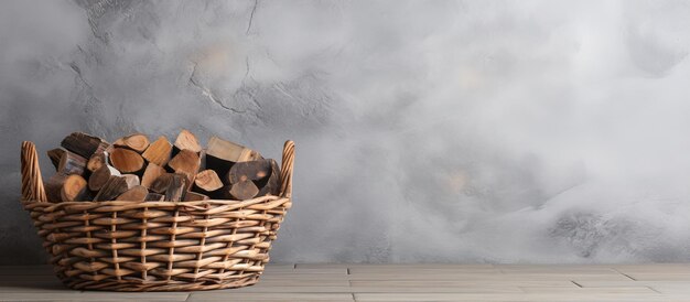 Photo un panier en bois blanc avec du bois de chauffage sur un sol en pierre