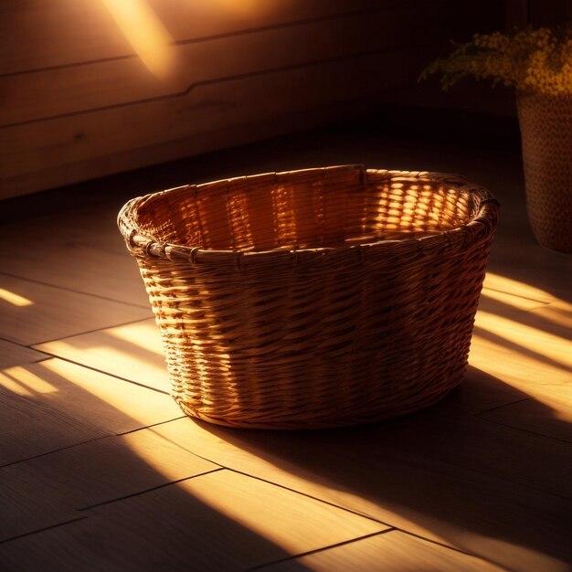 Un panier en bois avec un fond clair et doux