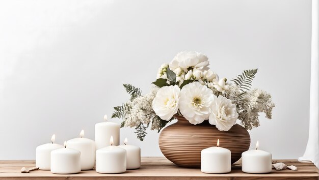 Panier de bougies allumées et vase avec eucalyptus sur fond bleu espace pour le texte