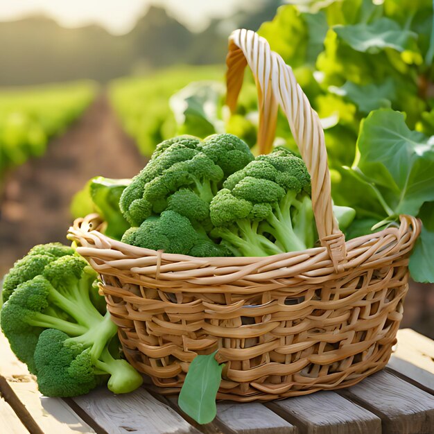 Photo un panier de brocoli est assis sur une table en bois