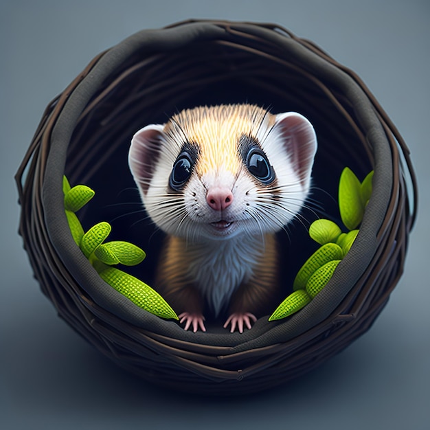 Un panier brun avec un furet noir et blanc à l'intérieur.