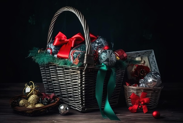 panier-cadeau de noël avec un arc rouge et des ornements de rennes sur la table