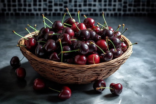 Photo un panier de cerises est posé sur une table.