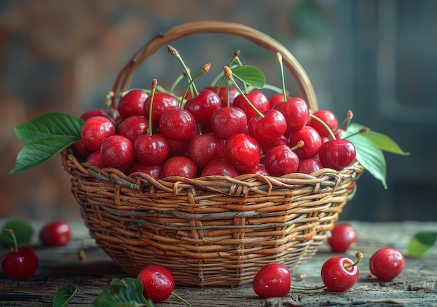 Un panier avec des cerises rouges fraîches sur une table en bois.