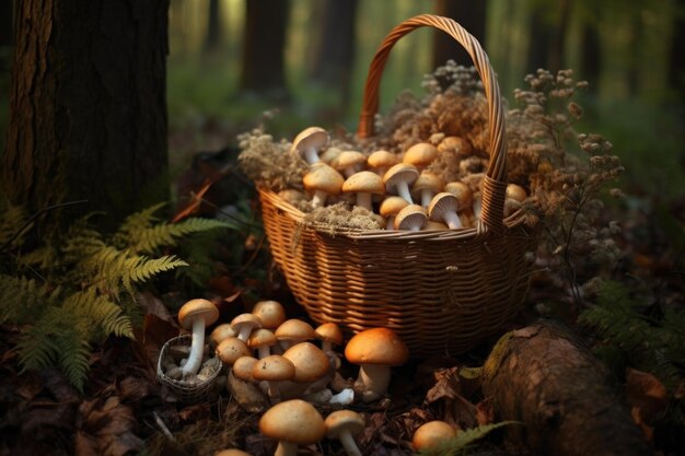 Panier de champignons fraîchement cueillis dans les bois créés avec l'IA générative