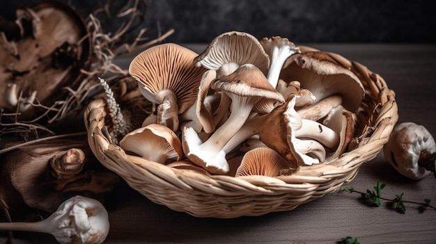 Un panier de champignons sur une table