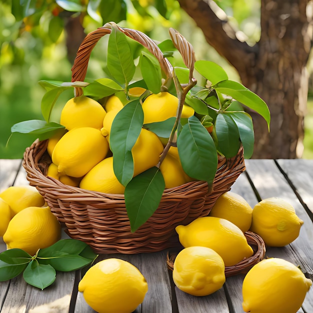 Photo un panier de citrons avec un arbre en arrière-plan