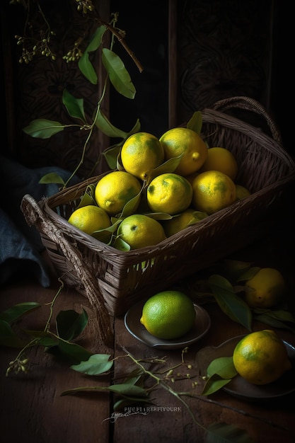 Photo un panier de citrons est posé sur une table avec une assiette de feuilles et un panier de citrons.