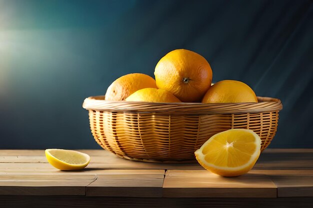 un panier de citrons et un fond bleu